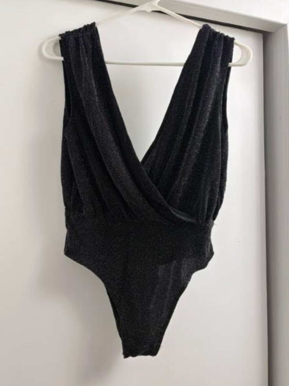 PRIMARK Black & Metallic Silver Bodysuit S 6 Deep V-Neck Draped Wrap Front NWT